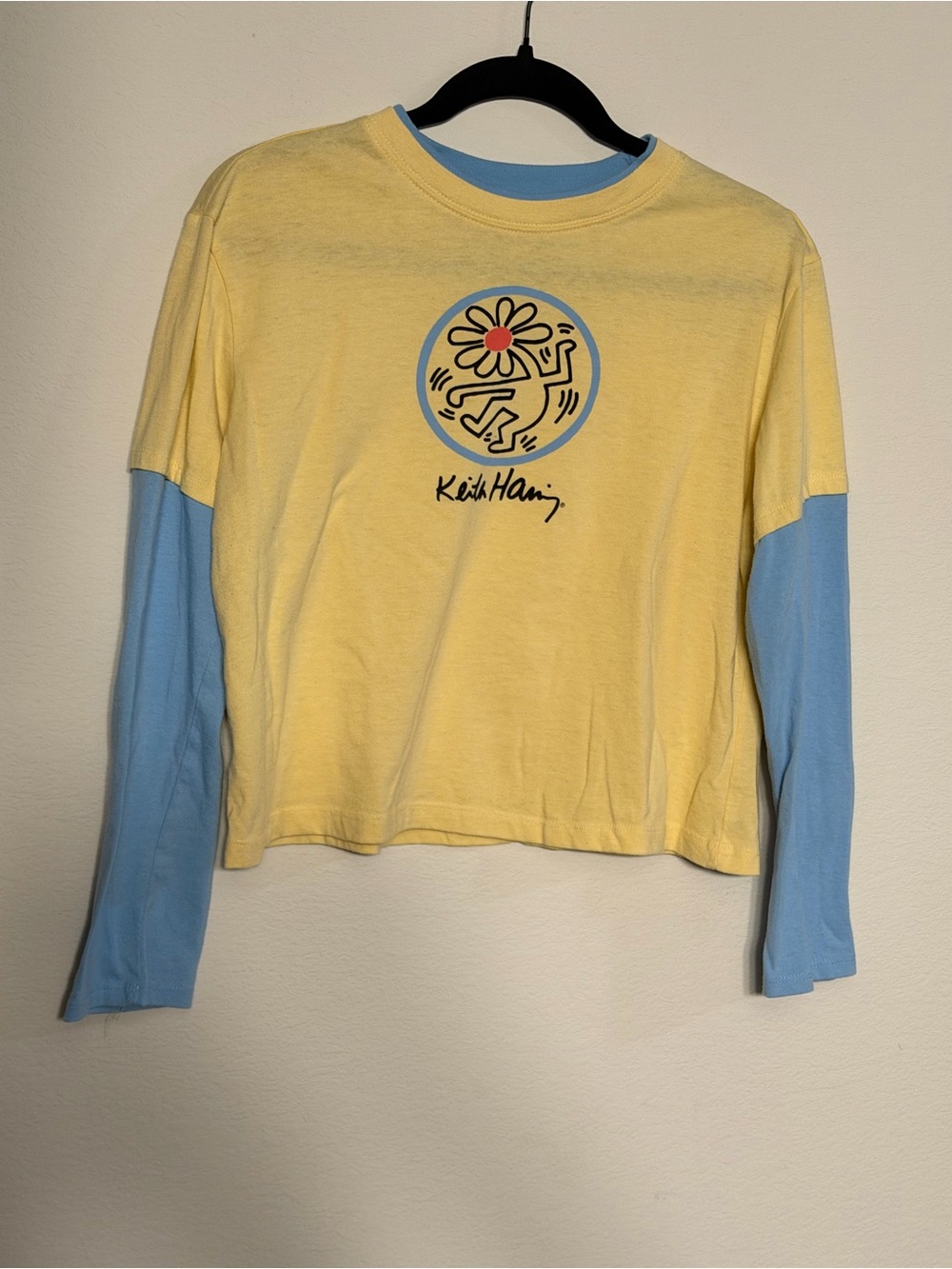 Keith Haring Crop Layered Long Sleeve Graphic Tee Large Butter Yellow Blue Y2K